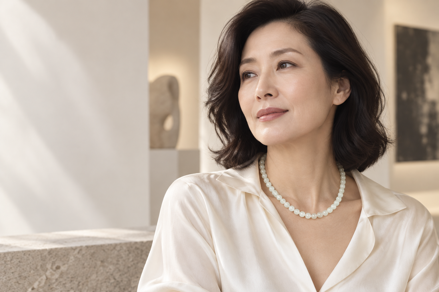 天然ネフライトのネックレスを着用した大人の女性